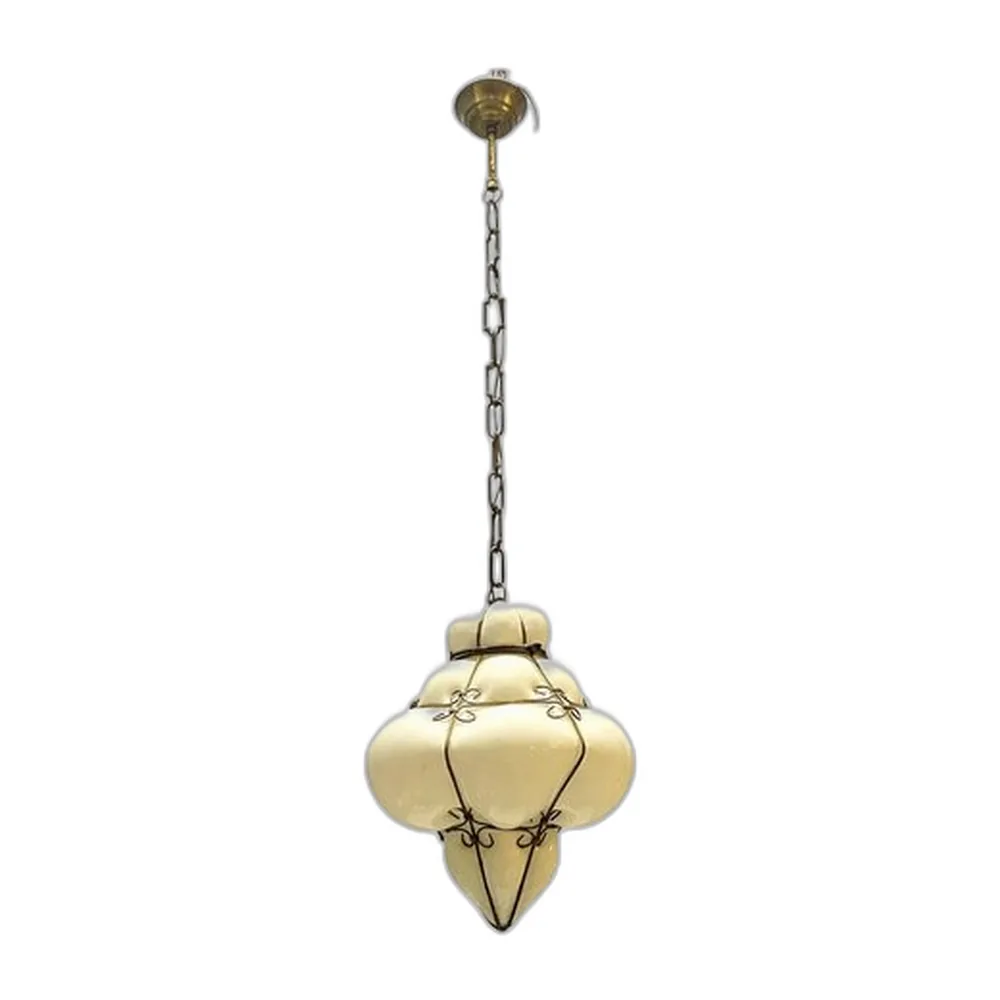 Hängelampe aus Schmiedeeisen und Weißem Murano Glas, 1960er