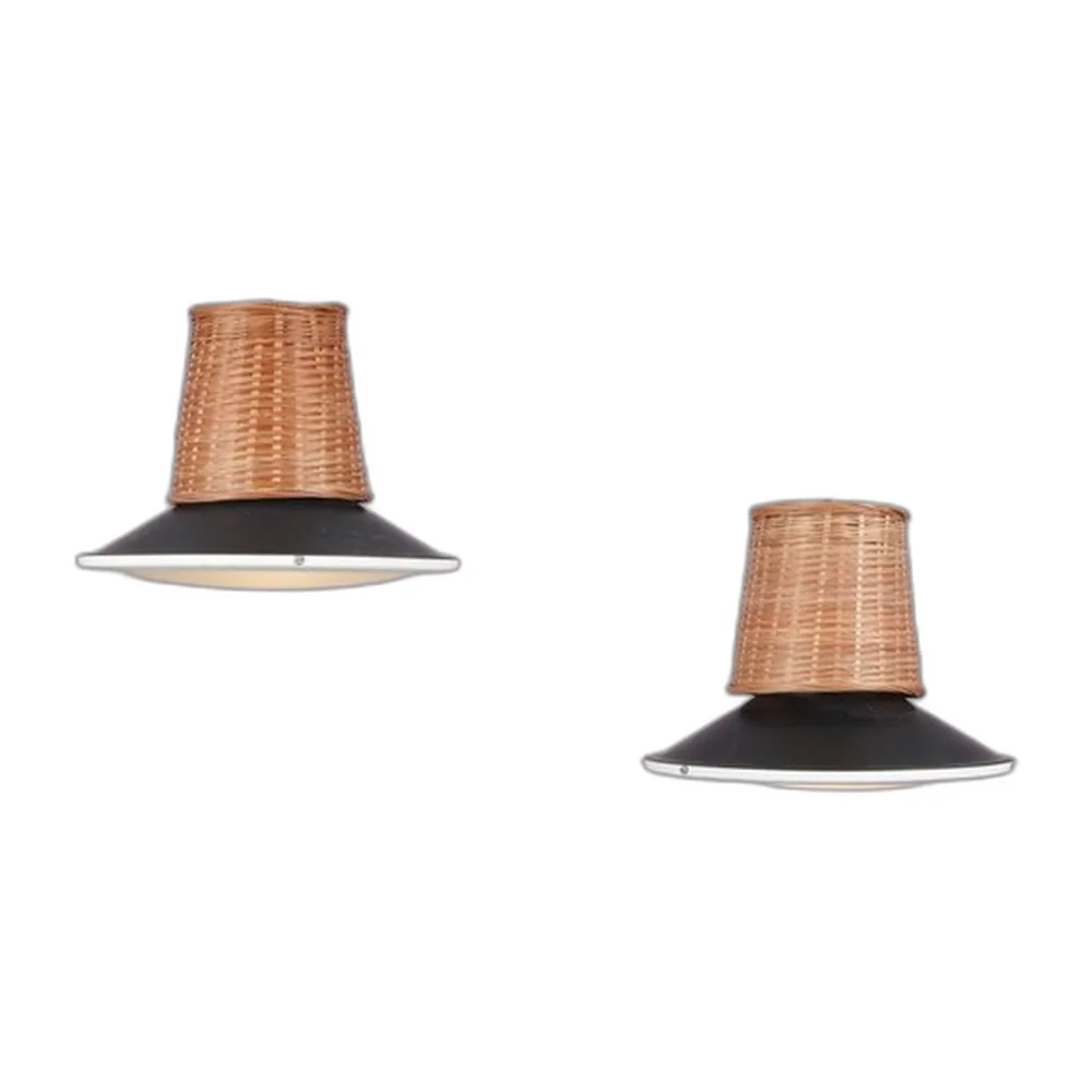 Hängelampen aus Korbgeflecht, Schwarzem Metall und Glas, 1950er, 2er Set