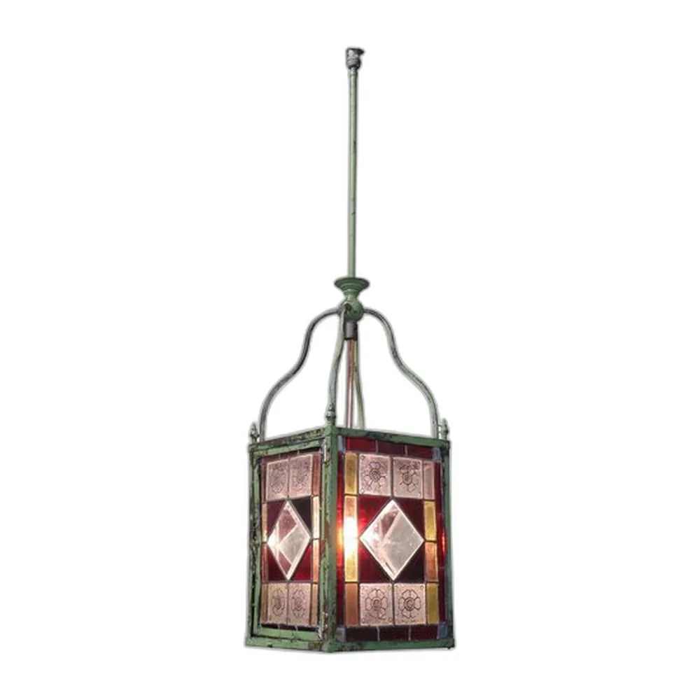 Lange Arts and Crafts Laterne aus Buntglas, 1910er