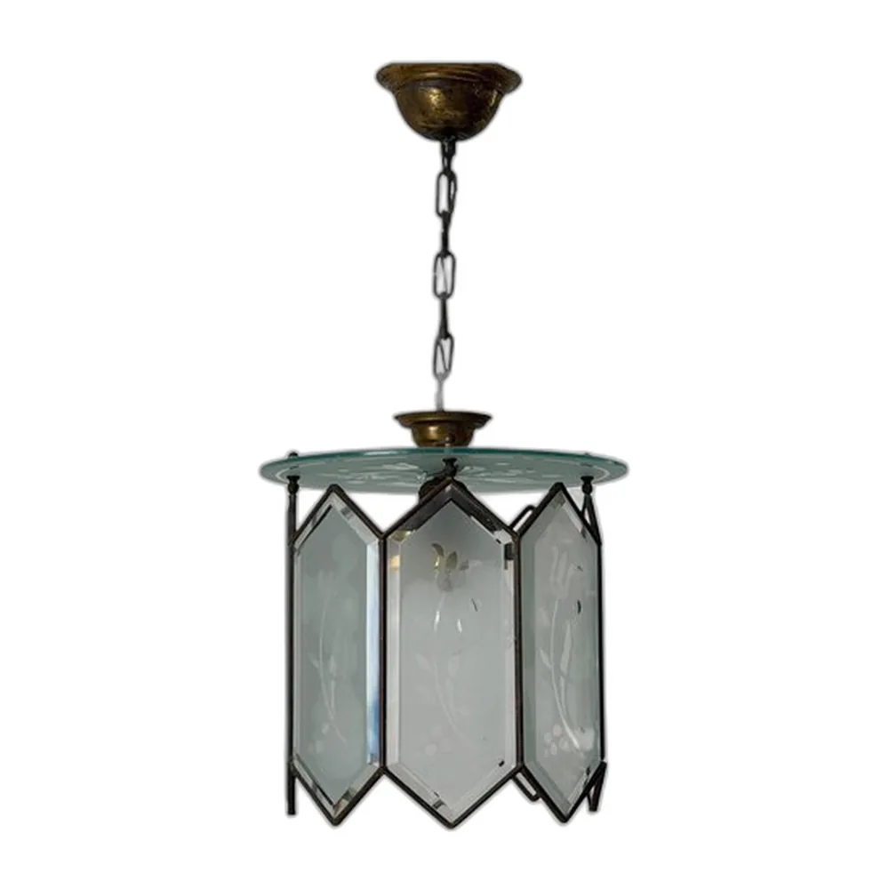Mid-Century Hängelampe aus Glas & Messing, 1950er