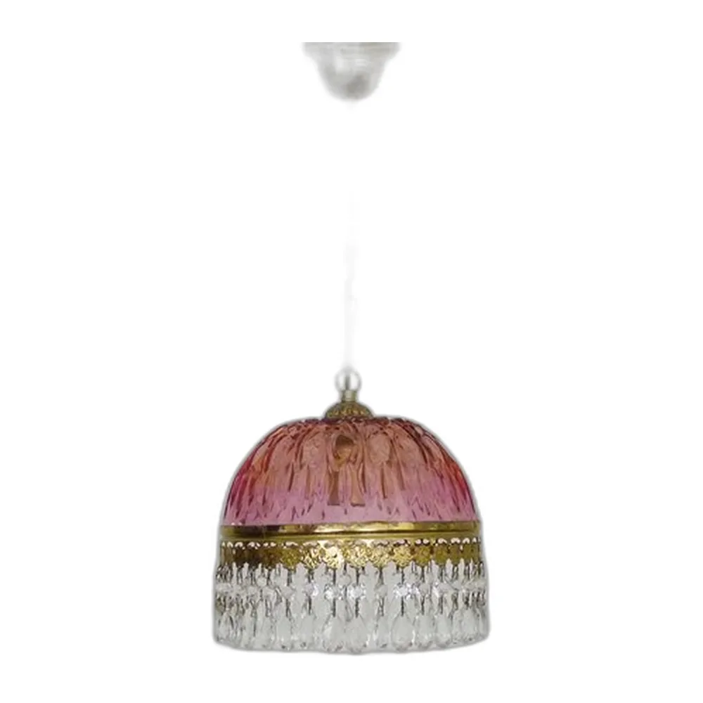 Pinke Vintage Hängelampe mit Quasten und gemusterter Glaskugel, 1970er
