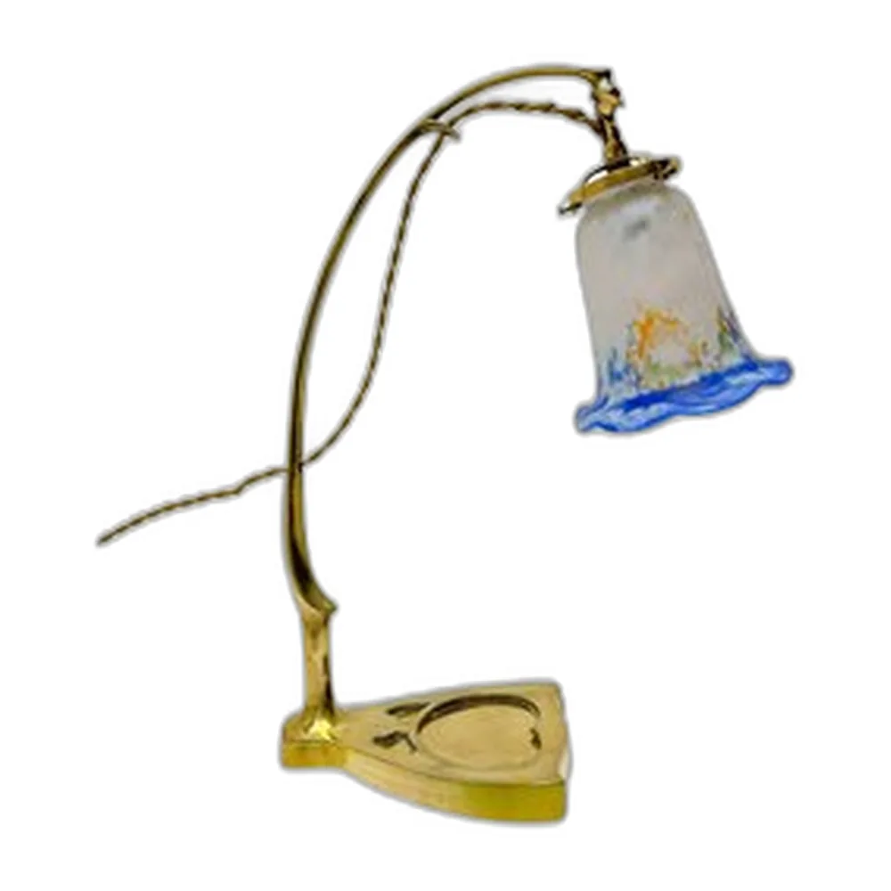Tischlampe aus Messing im Jugendstil mit Schirm aus Glaspaste, 1920er