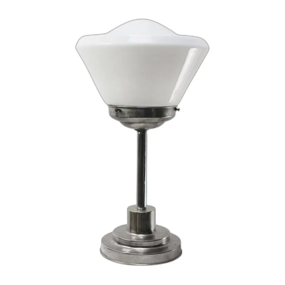 Vernickelte Art Deco Schreibtischlampe aus weißem Opalglas