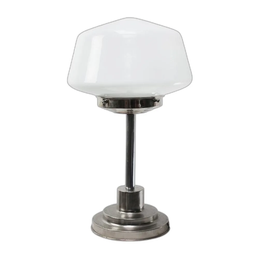 Vernickelte Art Deco Schreibtischlampe aus weißem Opalglas