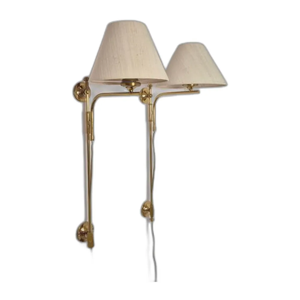 Verstellbare Wandlampen aus Messing mit Leinenschirmen, 1980er, 2er Set