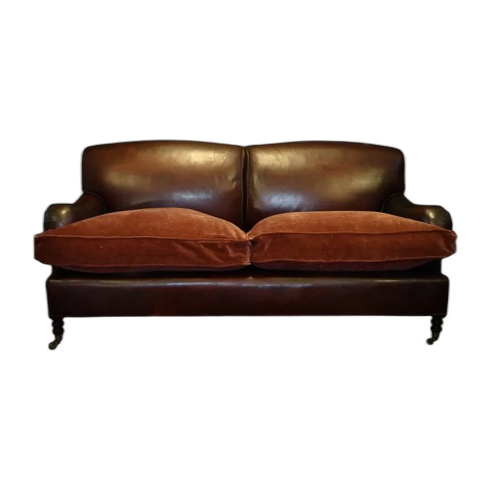 2-Sitzer Sofa aus burgunderrotem Leder & Samt von George Smith, 2010er