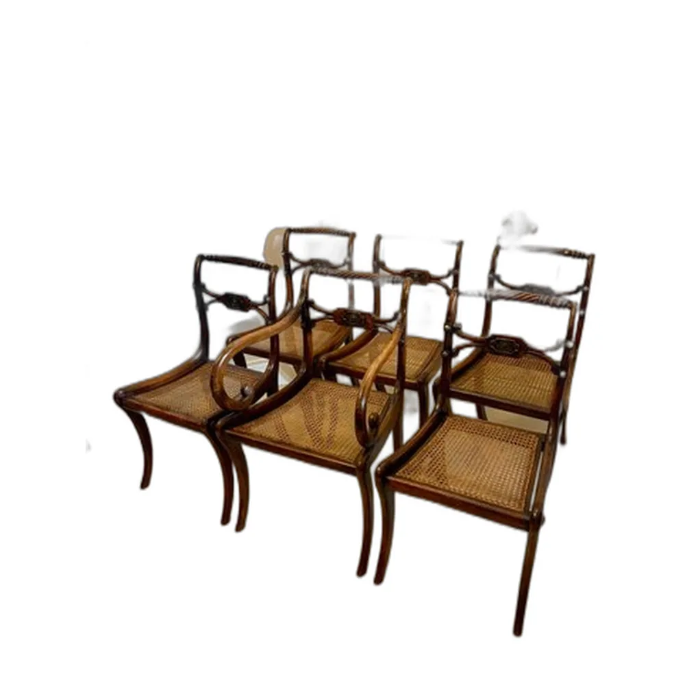 Antike Regency Esszimmerstühle aus Mahagoni mit Geflechtsitzen, Fünf Einzel & Ein Schnitzer, 1830er, 6 . Set