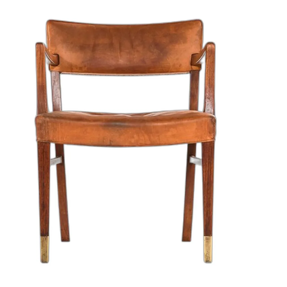 Armlehnstuhl aus Teak, Leder & Messing, 1940er