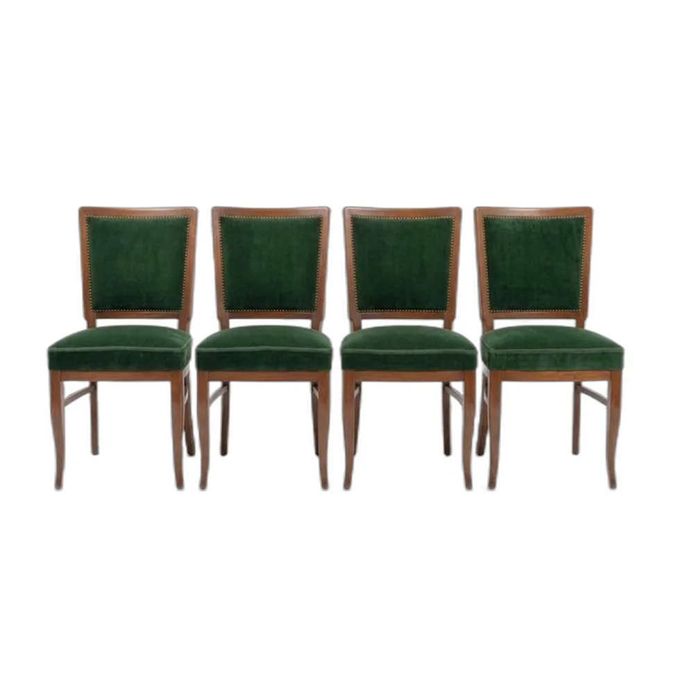 Biedermeier Esszimmerstühle mit dunkelgrünem Samtbezug, 1940er, 4er Set