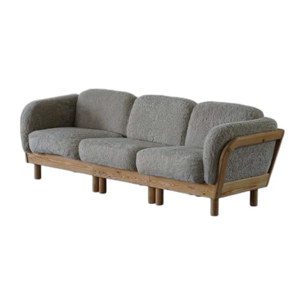 Dänisches Modernes Drei-Sitzer Sofa aus Pinienholz & Lammwolle, 1980er