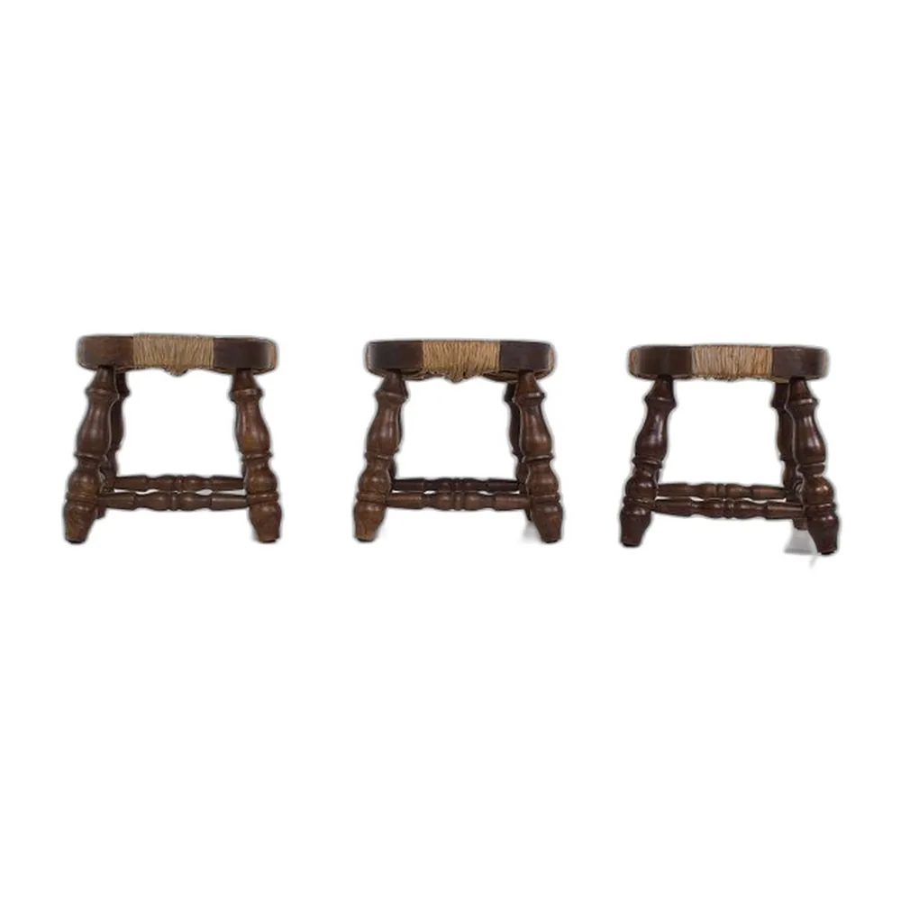 Französische Kaminhocker aus Holz & Stroh, 1960er, 3er Set