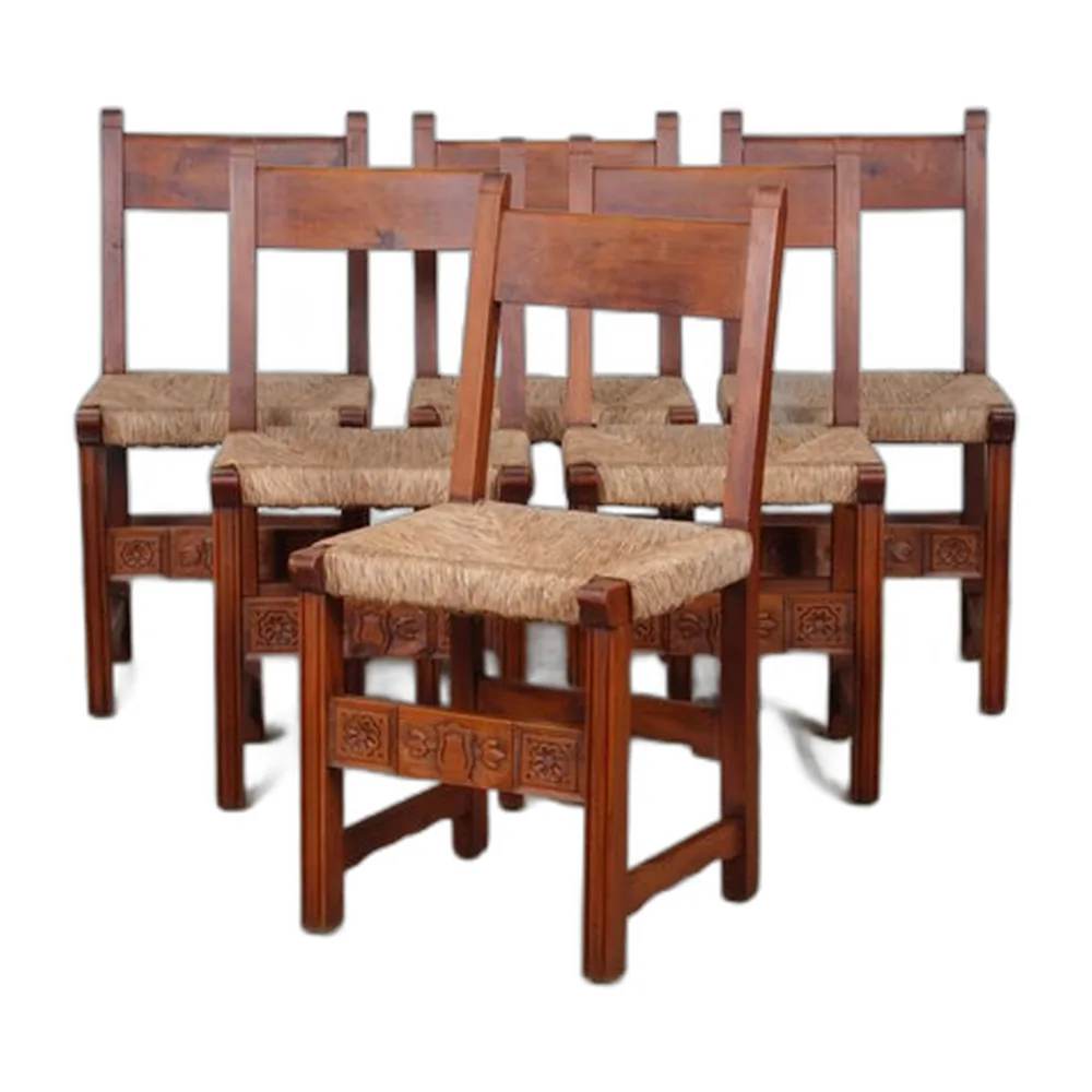Französische Vintage Holzstühle mit Strohsitzen, 1950, 6er Set