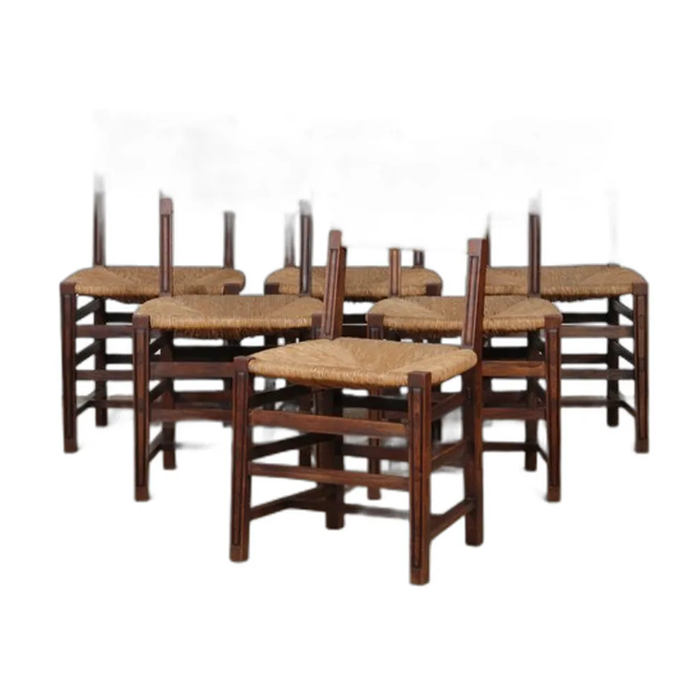Französische Vintage Stühle aus Eiche mit Strohsitzen, 1950, 6er Set