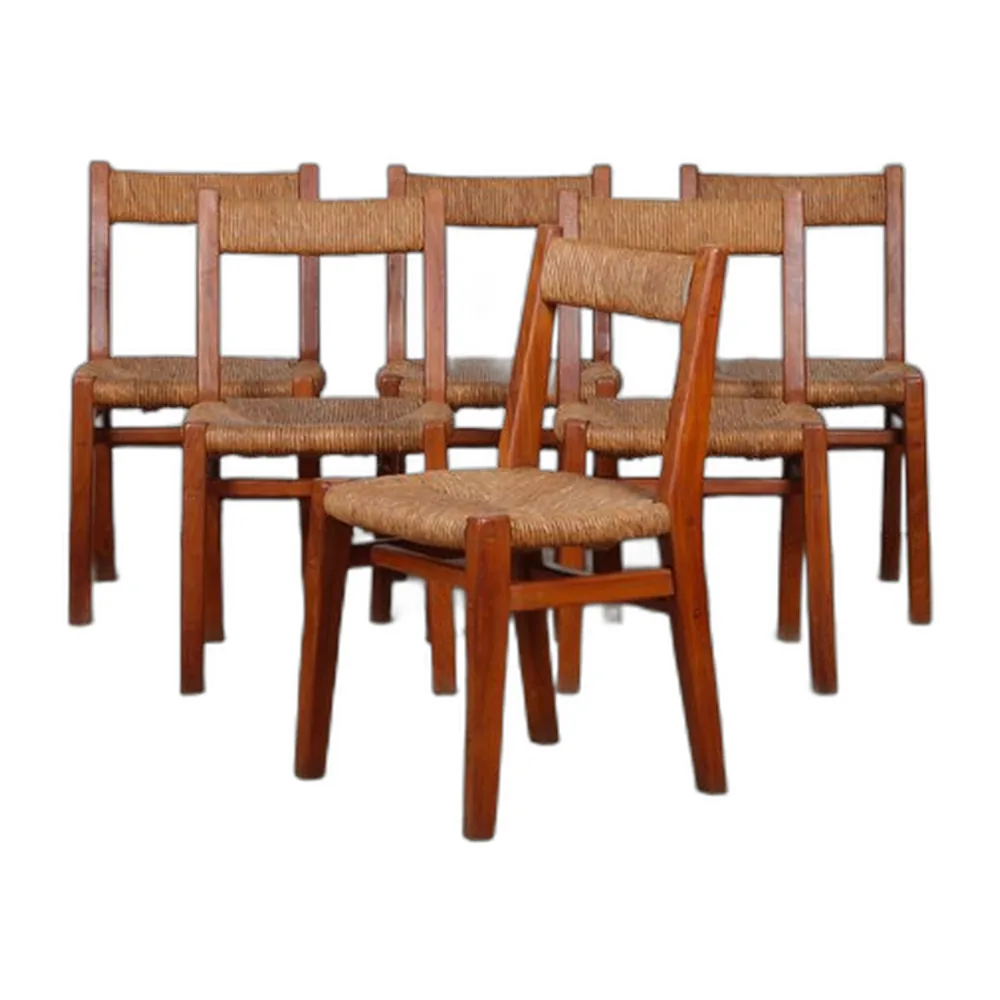 Französische Vintage Stühle aus Ulmenholz mit Strohsitzen, 1950, 6er Set