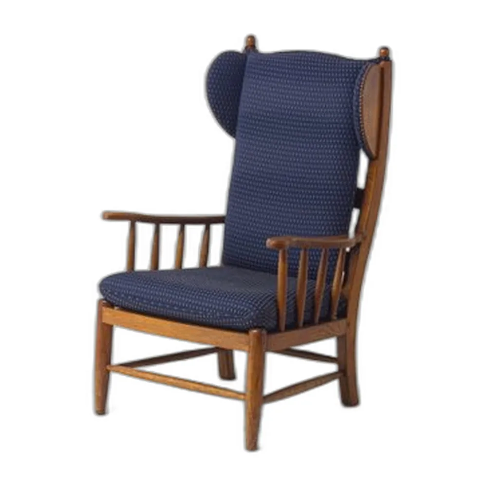 Französischer Sessel aus Eiche & Blauem Stoff, 1960er