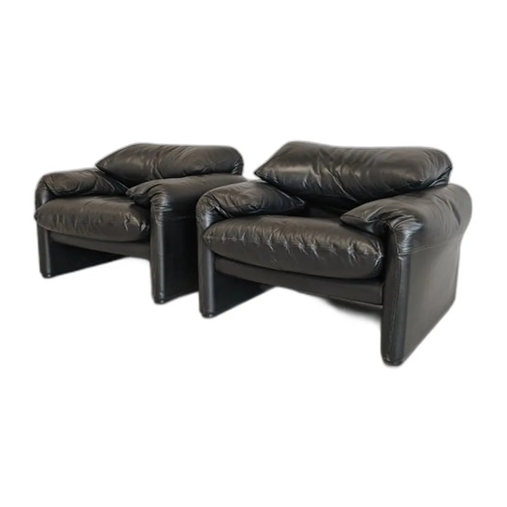 Maralunga Sessel aus Schwarzem Leder, 1980er, 2er Set