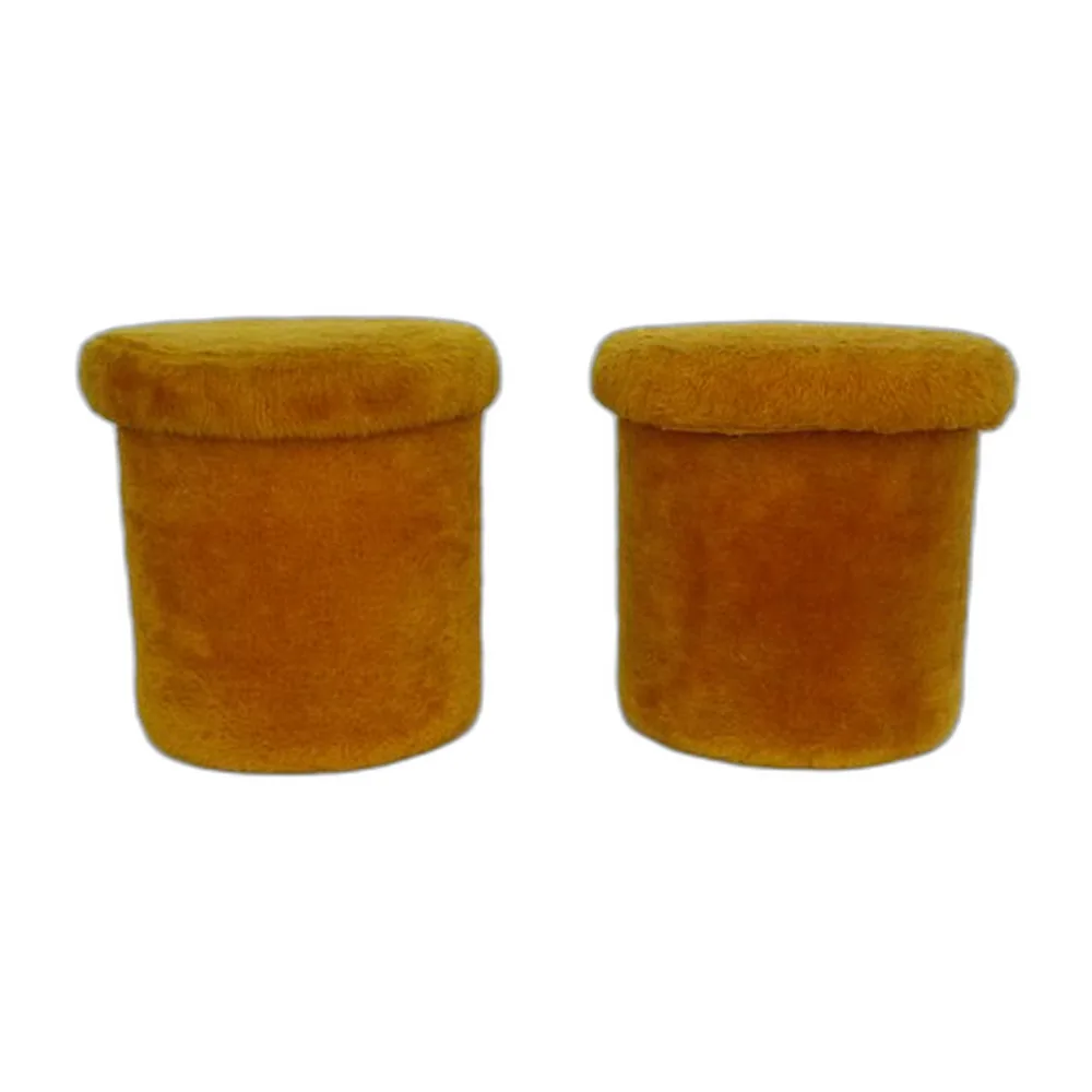 Orange-gelber Kunstfell Hocker mit Staufach, 1970er