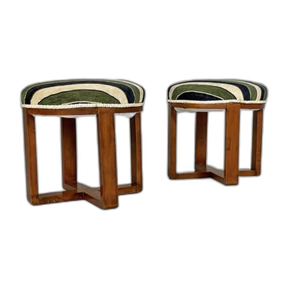 Runde italienische Art Deco Hocker aus Stoff & Holz, 1930er, 2er Set