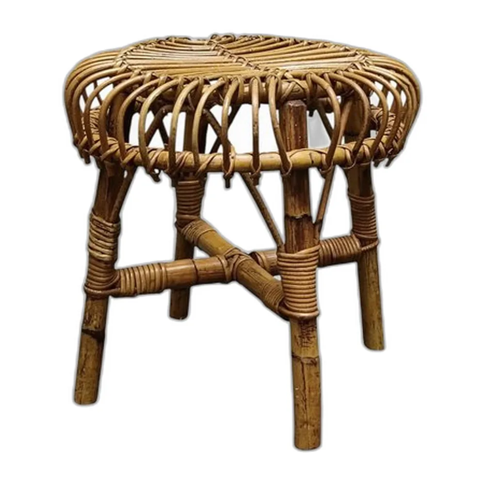 Runder italienischer Hocker aus Bambus & Rattan, 1960er