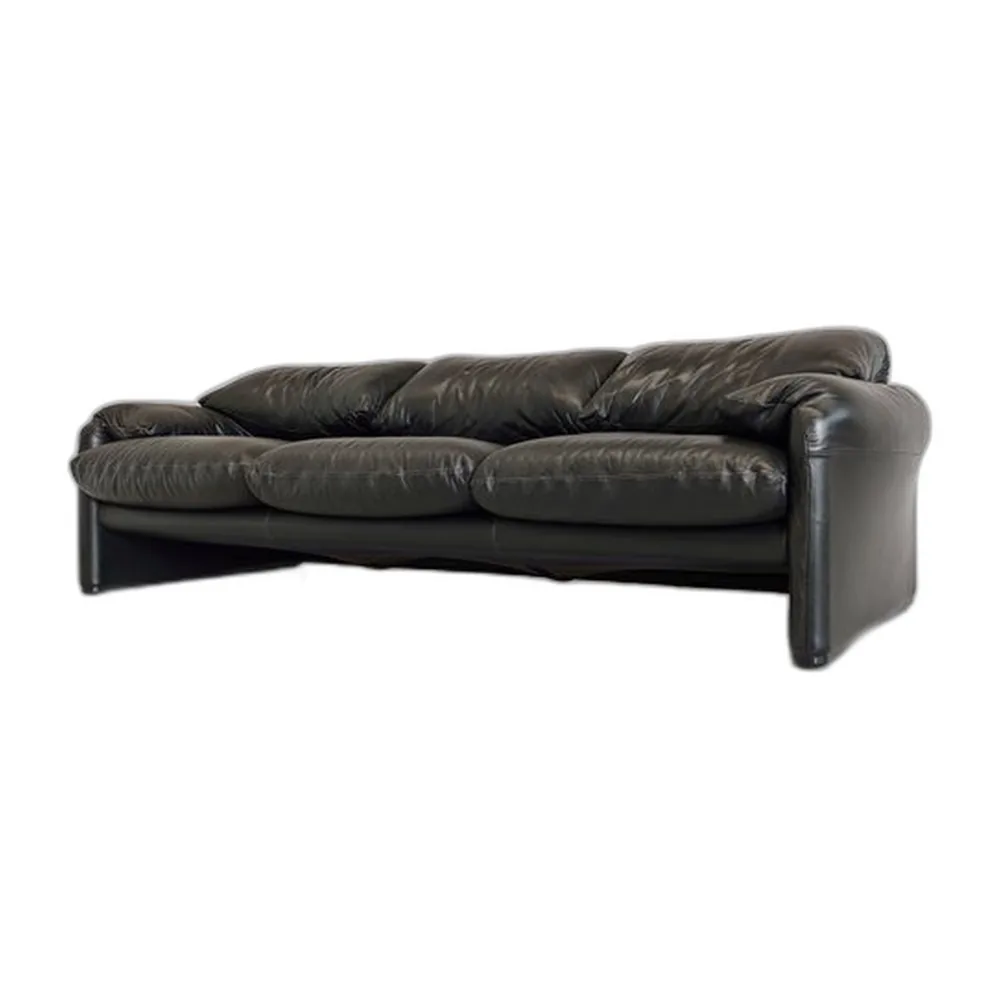 Schwarzes Maralunga Ledersofa, 1970er