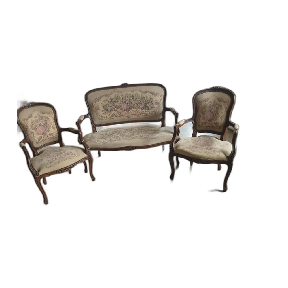 Sofa und zwei Sessel mit besticktem Nussholzrahmen, 3er Set