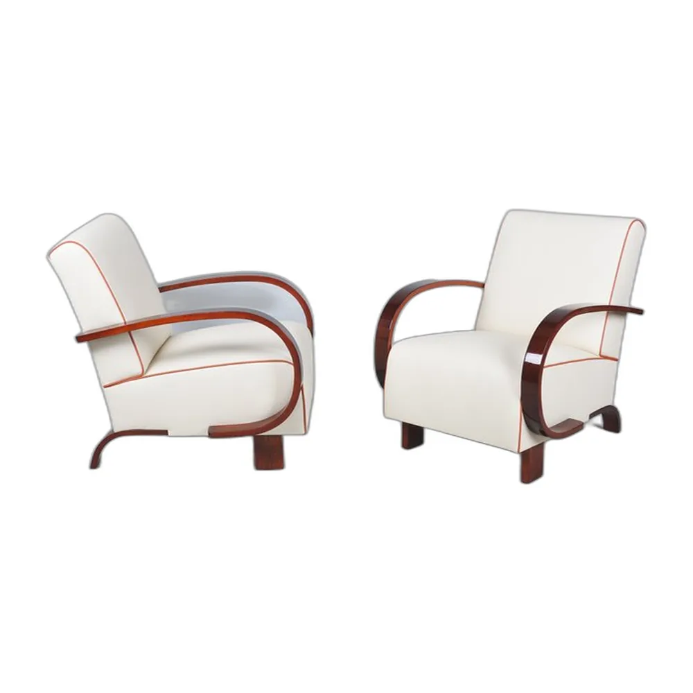 Tschechische Art Deco Sessel aus Nussholz & Leder, 1930er, 2er Set