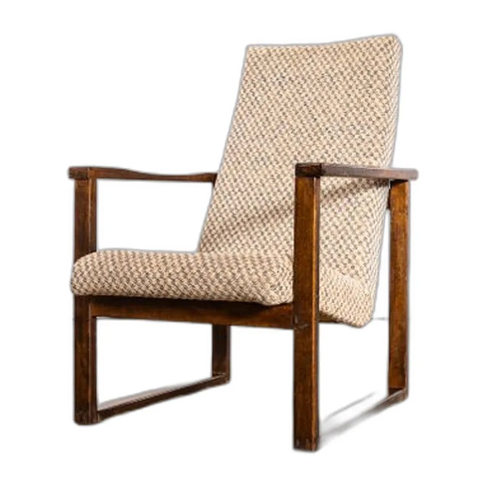 Vintage Sessel mit quadratischem Gestell und cremefarbenem Rautenmuster, 1950er