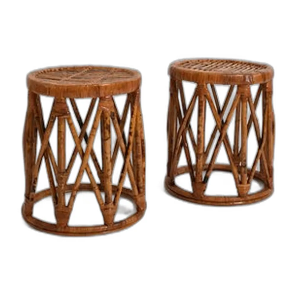 Zylinderförmige Hocker aus Rattan, 1960er, 2er Set