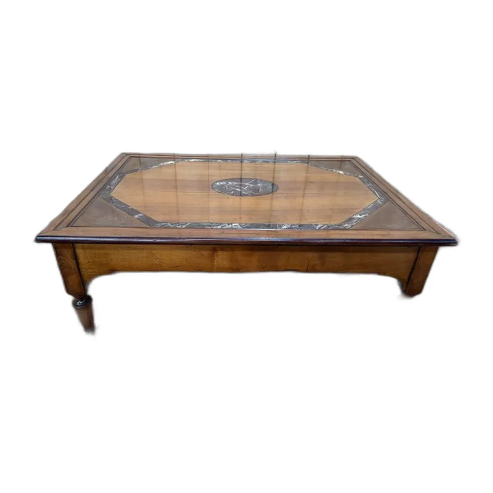 Französischer Vintage Couchtisch aus Eiche mit Marmor, 1980er