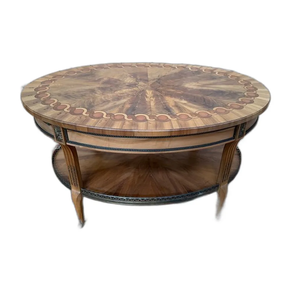 Ovaler Couchtisch aus Messing mit Intarsien & Bronzefüßen, 1890er