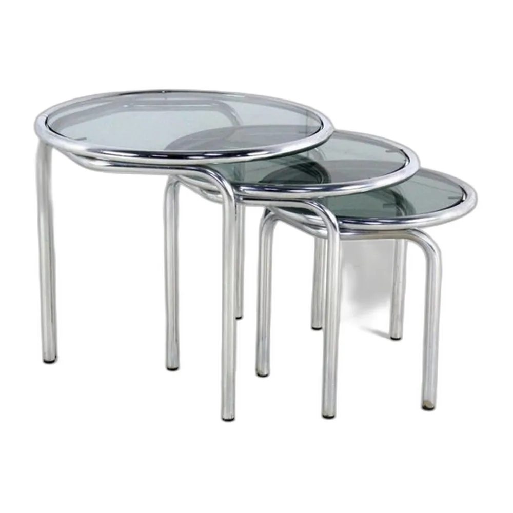 Runde Italienische Chrom Satztische mit Rauchglas, 3er Set