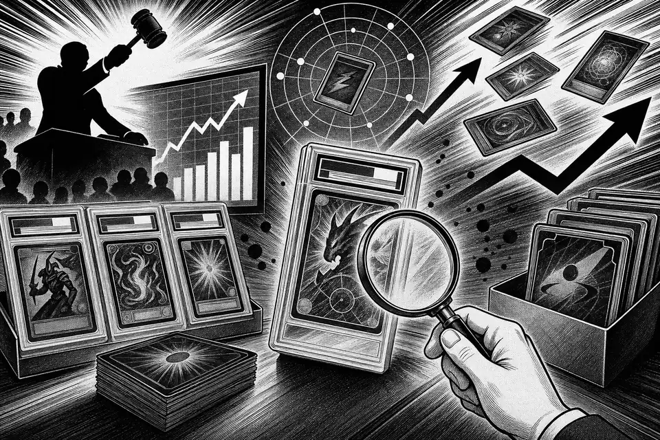 Market-Watch-Comic mit Auktionshammer, Premium-Sammelkarten, versiegelter Box und dezenten Preisdiagrammen.