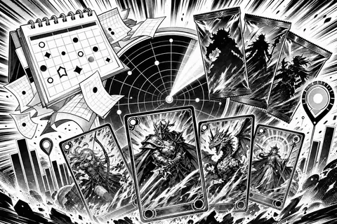 Schwarz-weißes Manga-Splash-Panel für Release Radar mit Kalender, Booster-Silhouetten, fliegenden Karten und Speedlines.