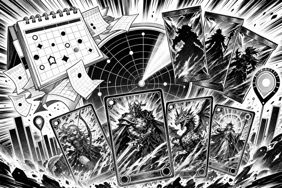 Release-Radar-Comic mit Abenteuer-Piratenkarten, Booster-Silhouetten, Kalenderdatum und Sammler-Watchlist.