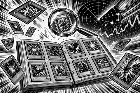 Schwarz-weißes Manga-Splash-Panel für TCG-Sammler mit Binder, fliegenden Karten, Lupe, Preisradar und Speedlines.
