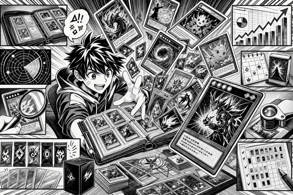 Schwarzweißes Manga-Panel für TCG-Sammler: Binder, fliegende Karten, Preisradar, Lupe und Release-Kalender.