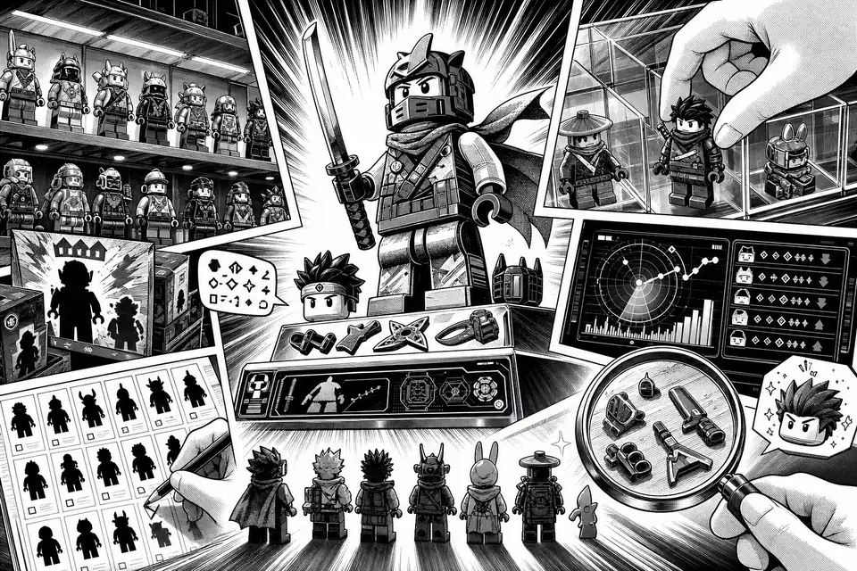 Schwarzweißes Manga-Panel für Spielzeug-Sammler: Blockfiguren, Display-Vitrine, Zubehör-Lupe und Preisradar.
